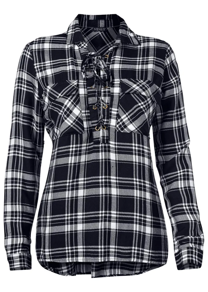Plaid LaceUp Top Black Multi Women VENUS Casual Tops
