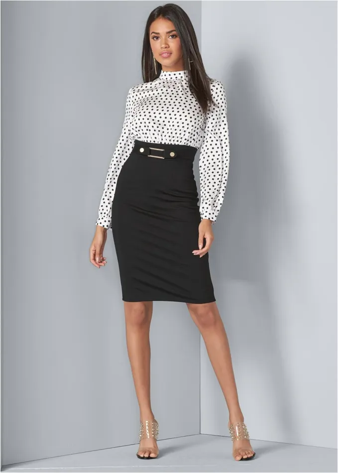 POLKA DOT TWOFER DRESS White and Black Women VENUS Midi Dresses
