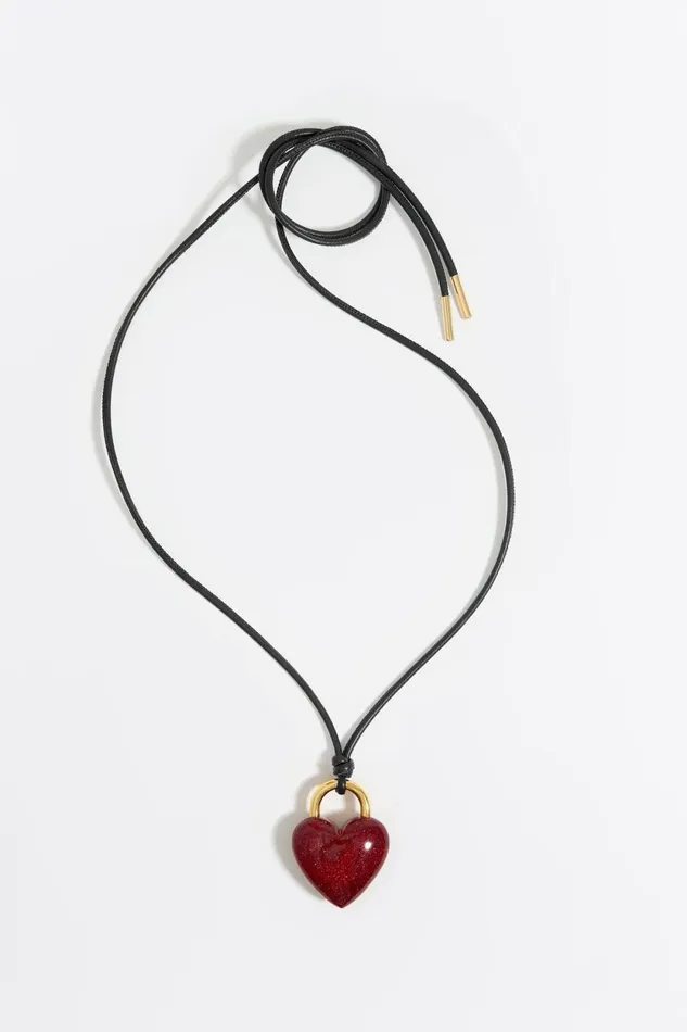 Red Glitter Heart Leather Cord Necklace Red Women Bimba Y Lola Jewelry