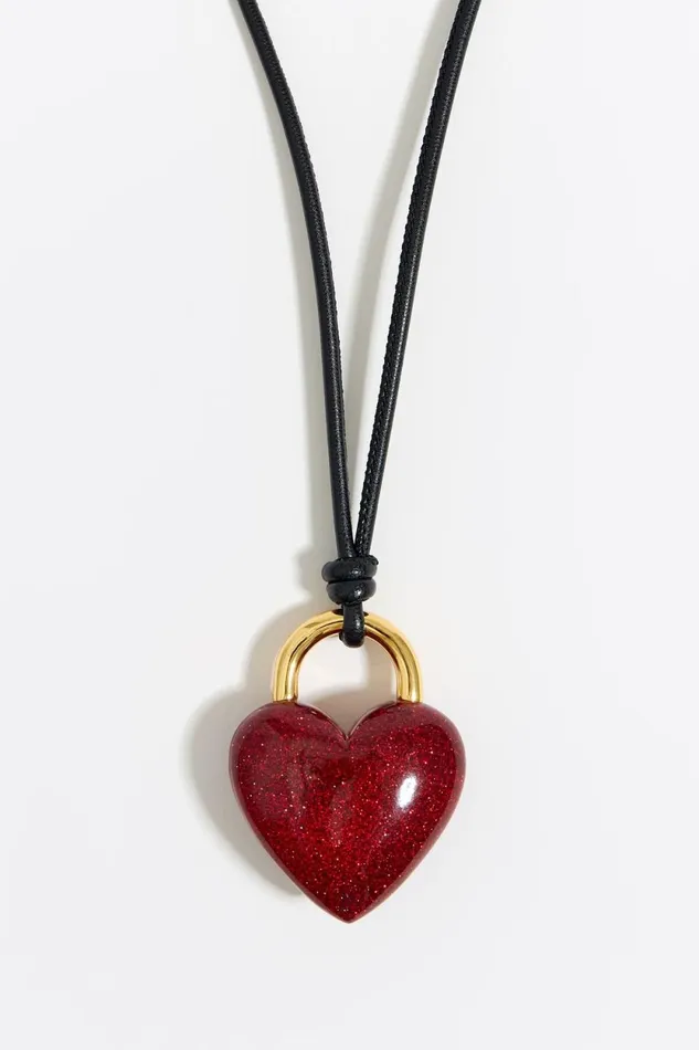 Red Glitter Heart Leather Cord Necklace Red Women Bimba Y Lola Jewelry Red Glitter Heart Leather Cord Necklace Red Women Bimba Y Lola Jewelry