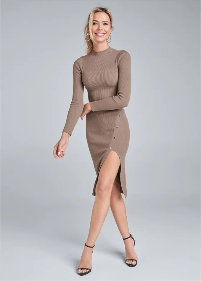RIBBED BUTTON DETAIL DRESS Taupe Women VENUS Midi Dresses