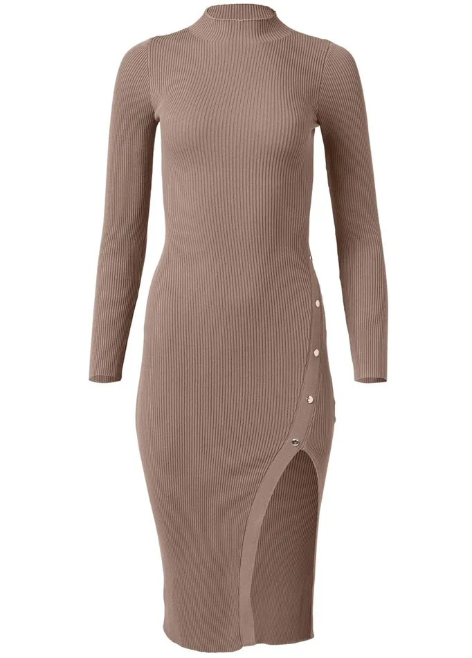 RIBBED BUTTON DETAIL DRESS Taupe Women VENUS Midi Dresses