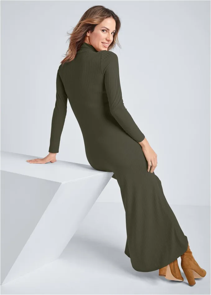 Ribbed Mockneck Long Dress Olive Women VENUS Sundresses