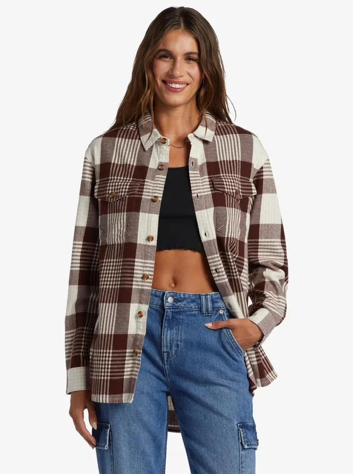 Roxy Tops Let It Go Flannel Long Sleeve Shirt Tapioca Hallo Plaid 8211 Women