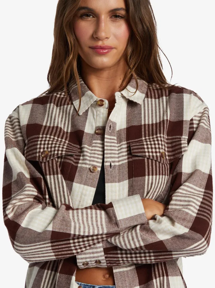 Roxy Tops Let It Go Flannel Long Sleeve Shirt Tapioca Hallo Plaid 8211 Women
