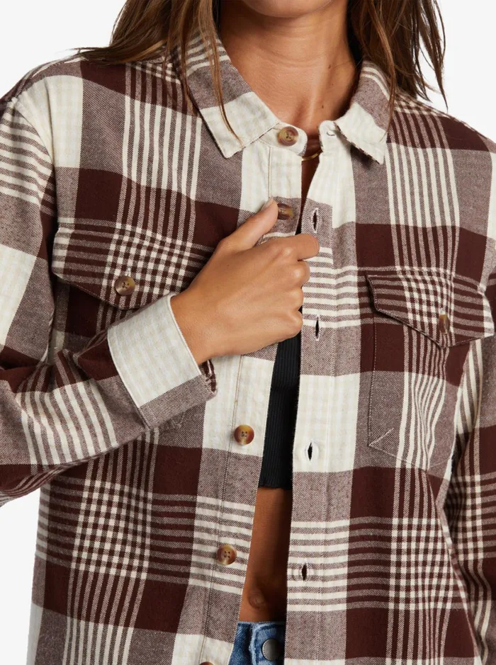 Roxy Tops Let It Go Flannel Long Sleeve Shirt Tapioca Hallo Plaid 8211 Women