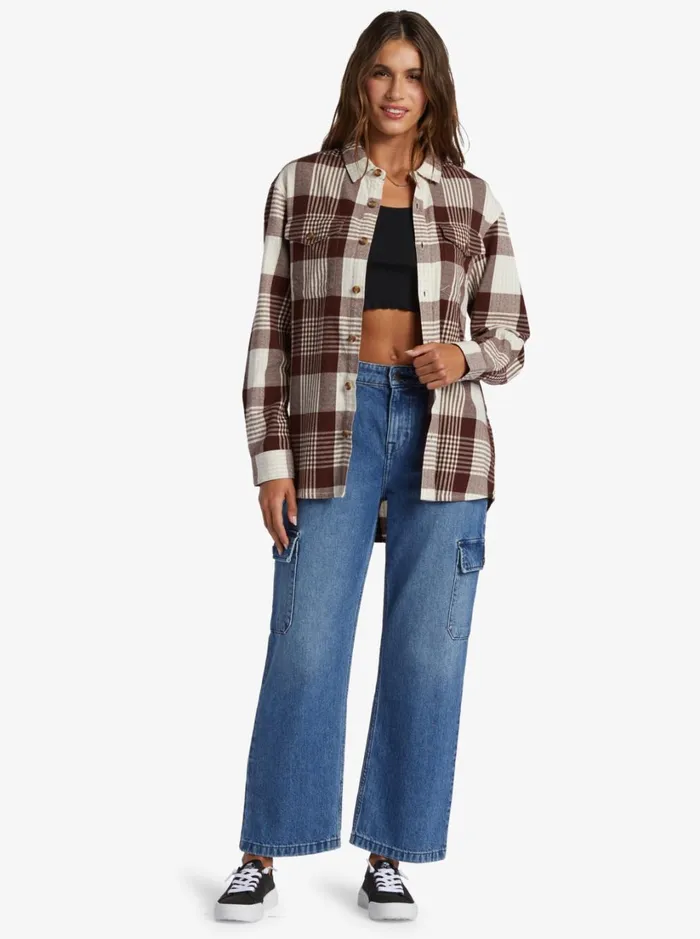 Roxy Tops Let It Go Flannel Long Sleeve Shirt Tapioca Hallo Plaid 8211 Women