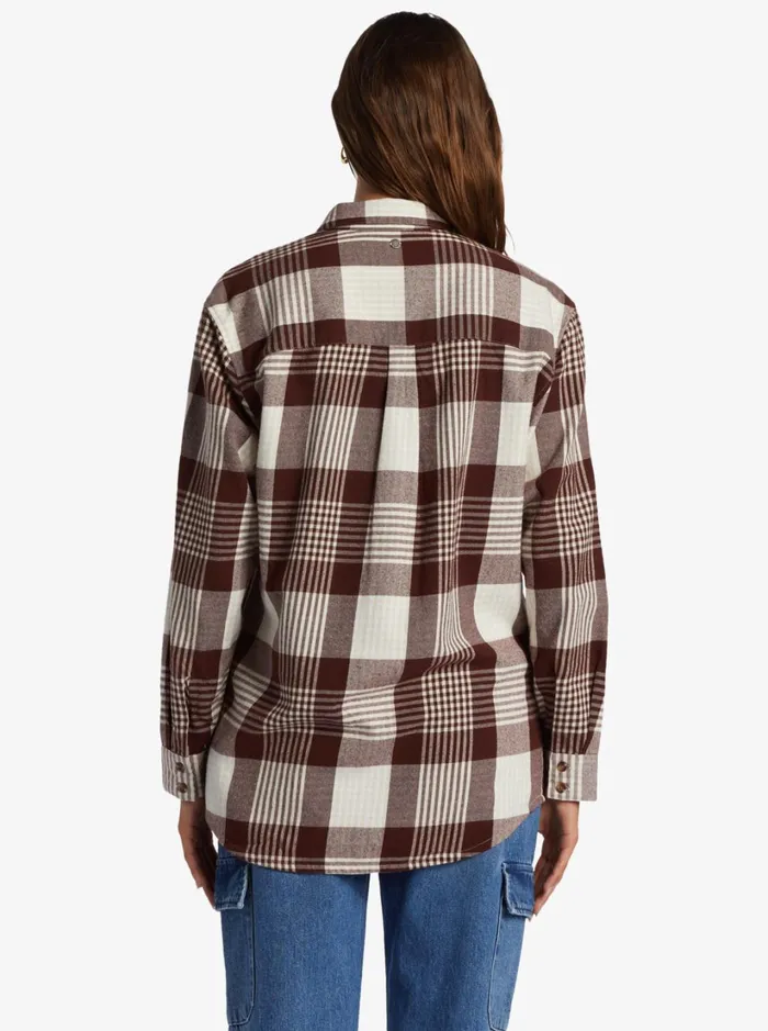 Roxy Tops Let It Go Flannel Long Sleeve Shirt Tapioca Hallo Plaid 8211 Women