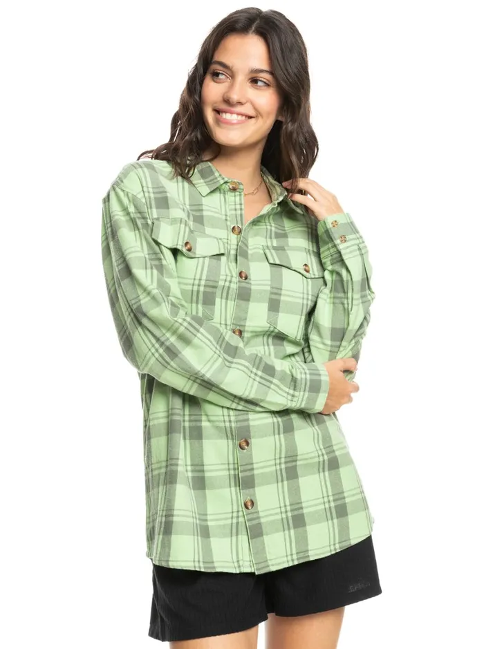 Roxy Tops Let It Go Flannel Long Sleeve Top Quiet Green Swell Check 8211 Women