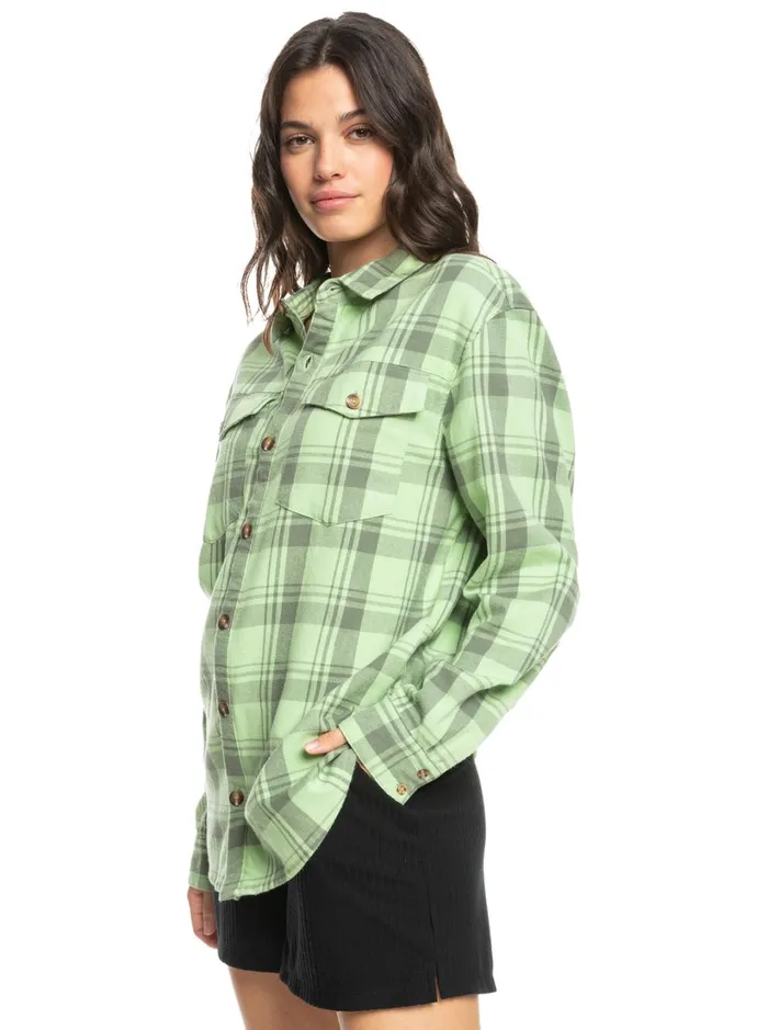 Roxy Tops Let It Go Flannel Long Sleeve Top Quiet Green Swell Check 8211 Women