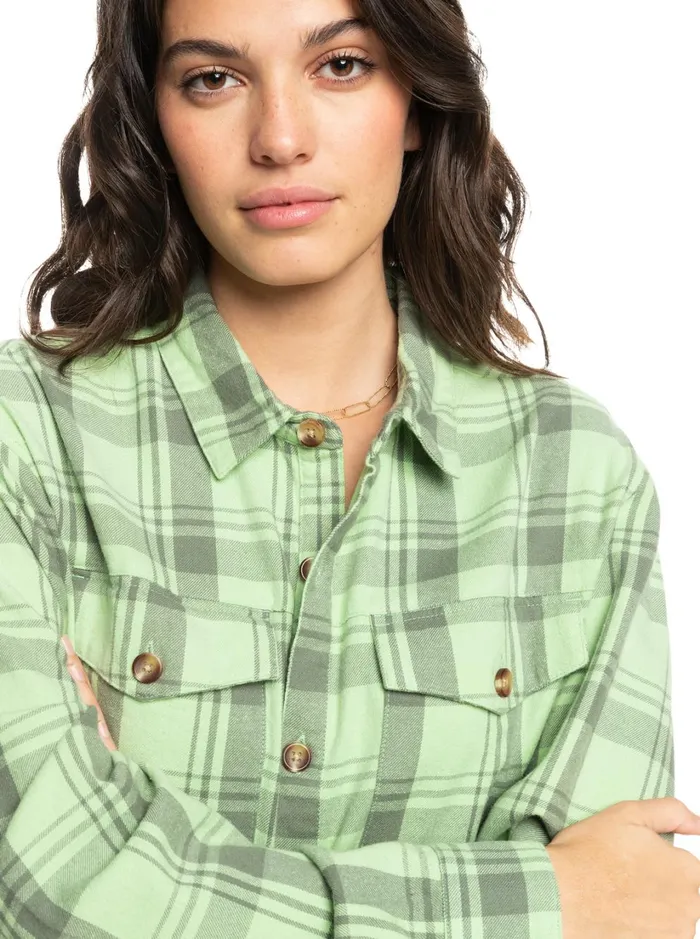Roxy Tops Let It Go Flannel Long Sleeve Top Quiet Green Swell Check 8211 Women