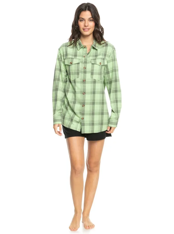 Roxy Tops Let It Go Flannel Long Sleeve Top Quiet Green Swell Check 8211 Women
