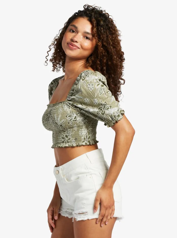 Roxy Tops Sunset Walks Puff Sleeve Crop Top Deep Lichen Wild Oasis 8211 Women