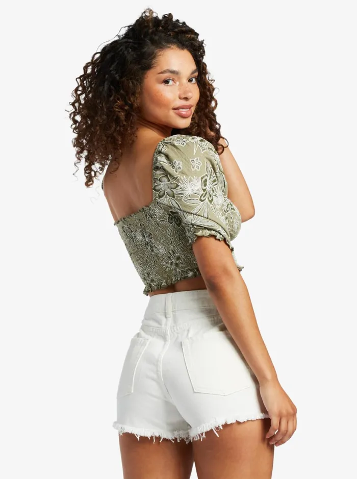 Roxy Tops Sunset Walks Puff Sleeve Crop Top Deep Lichen Wild Oasis 8211 Women