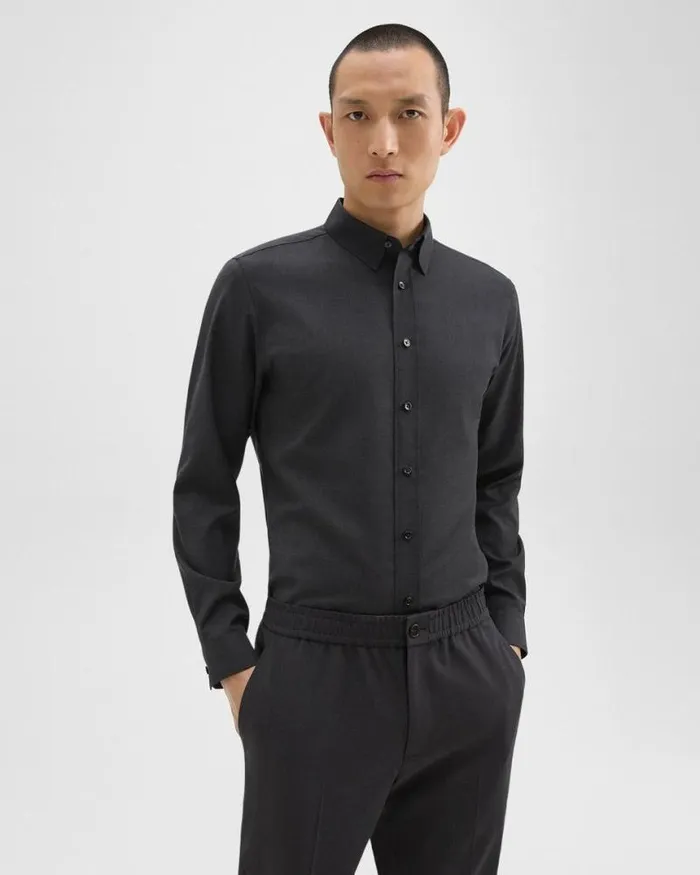 Shirts Men Theory Hugh Shirt In Virgin Wool Dark Charcoal