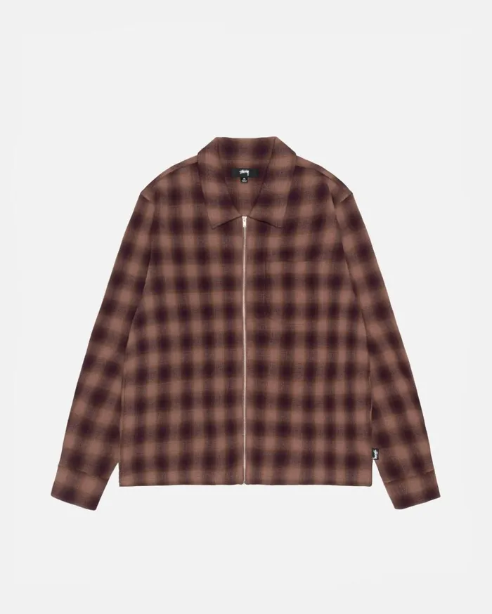 Shirts MenWomen Stussy ZIP SHIRT TWISTED YARN PLAID Brown