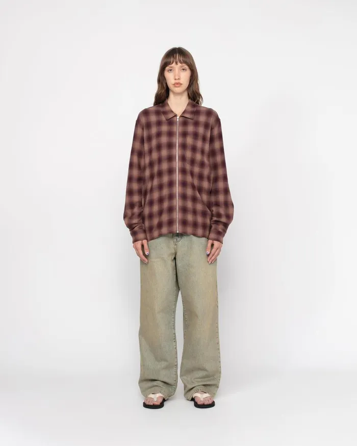 Shirts MenWomen Stussy ZIP SHIRT TWISTED YARN PLAID Brown