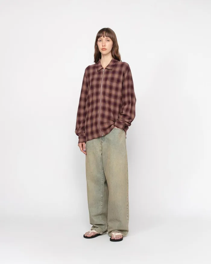 Shirts MenWomen Stussy ZIP SHIRT TWISTED YARN PLAID Brown