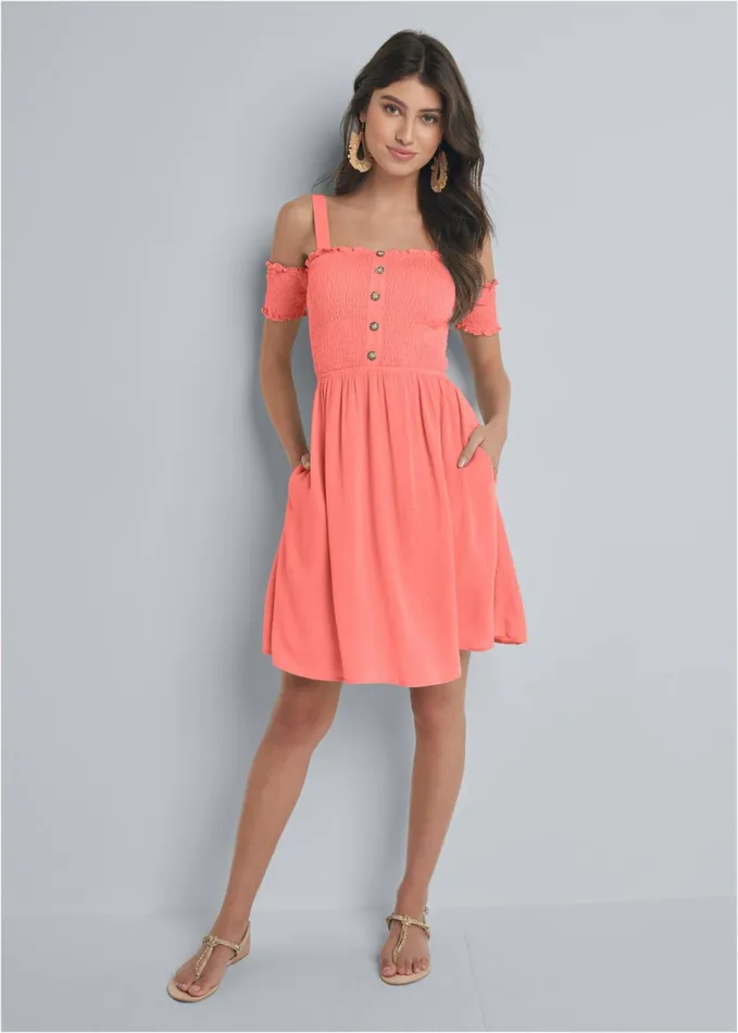 SMOCKED ALINE MINI DRESS Coral Women VENUS Casual Dresses