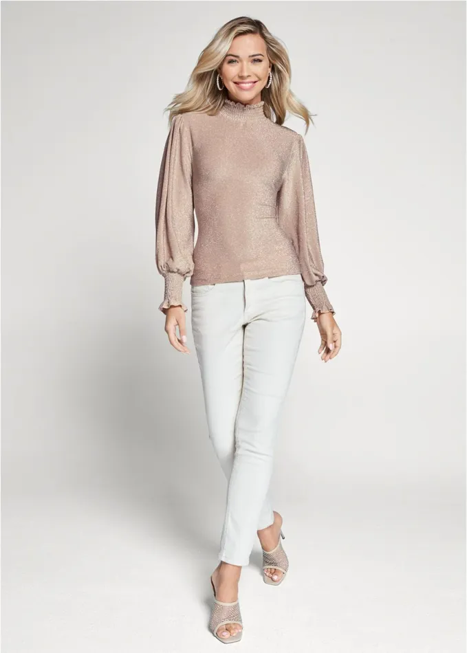 SMOCKED METALLIC TOP Champagne Women VENUS Long Sleeve Tops