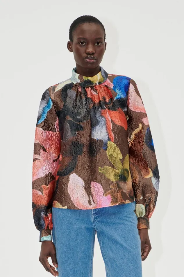 Stine Goya Tops and Shirts Gathered Long Sleeve Top 8211 Aquarelle Garden 8211 Women