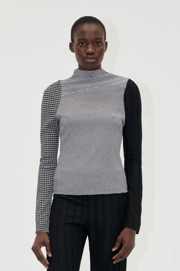 Stine Goya Tops and Shirts Long Sleeve Pleated Shoulder Top 8211 Black White 8211 Women