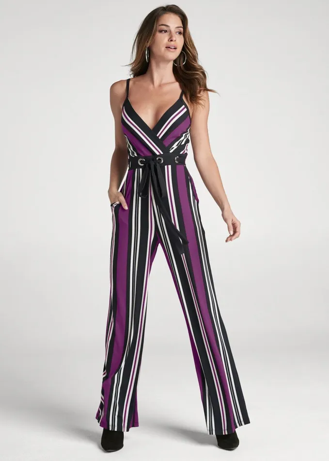 STRIPE JUMPSUIT Purple and Black Women VENUS Casual Jumpsuits and Rompers