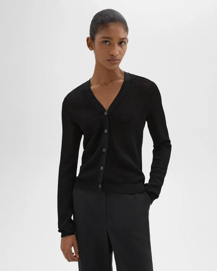 Sweaters Cardigans Women Theory Pointelle Cardigan In Crepe Knit Black