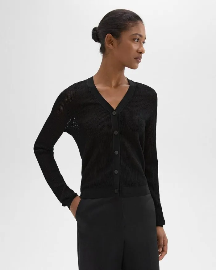 Sweaters Cardigans Women Theory Pointelle Cardigan In Crepe Knit Black Sweaters Cardigans Women Theory Pointelle Cardigan In Crepe Knit Black