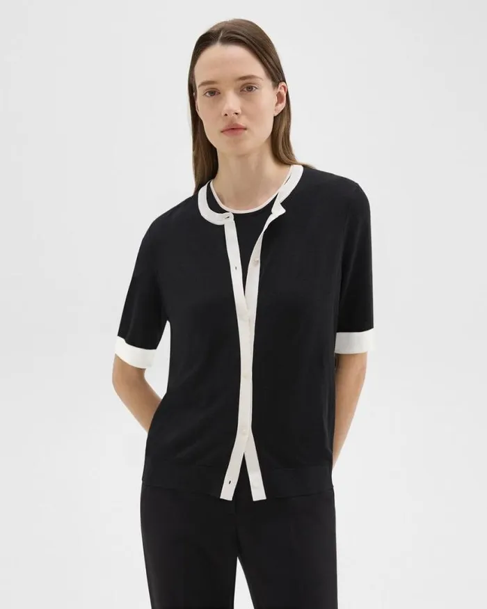 Sweaters Cardigans Women Theory ShortSleeve Cardigan In Regal Wool Blacknew Ivory