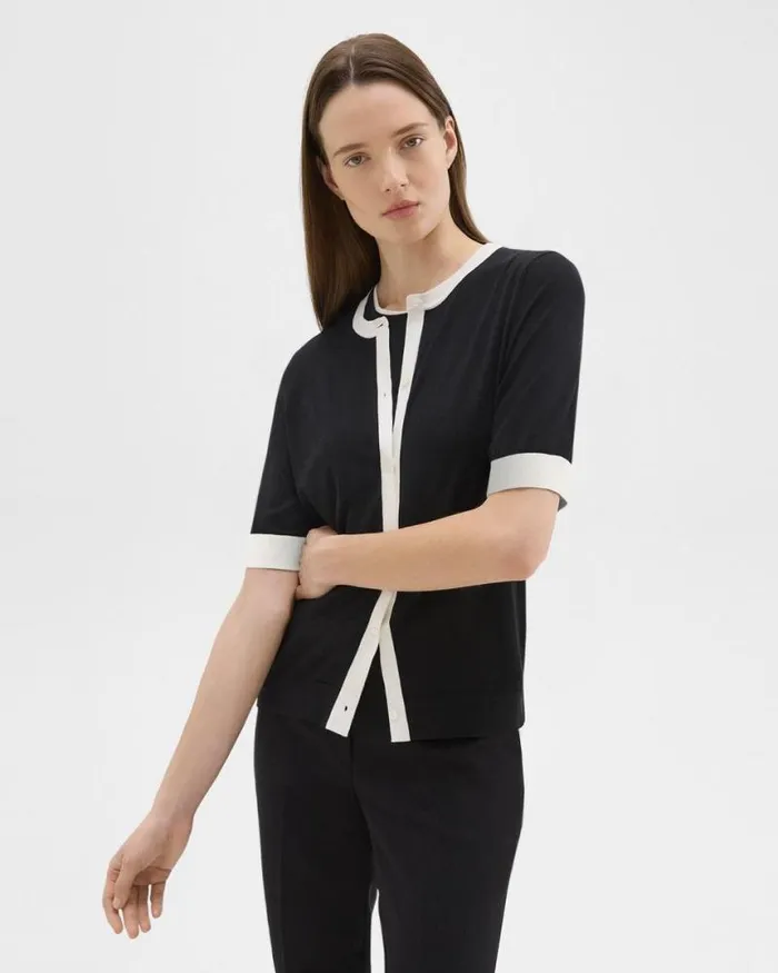 Sweaters Cardigans Women Theory ShortSleeve Cardigan In Regal Wool Blacknew Ivory