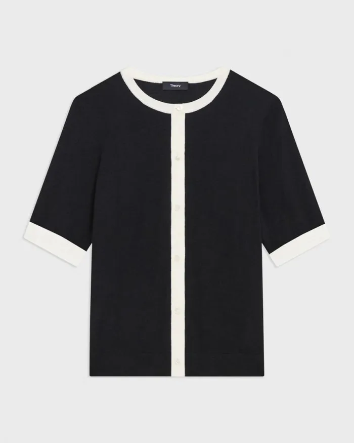 Sweaters Cardigans Women Theory ShortSleeve Cardigan In Regal Wool Blacknew Ivory