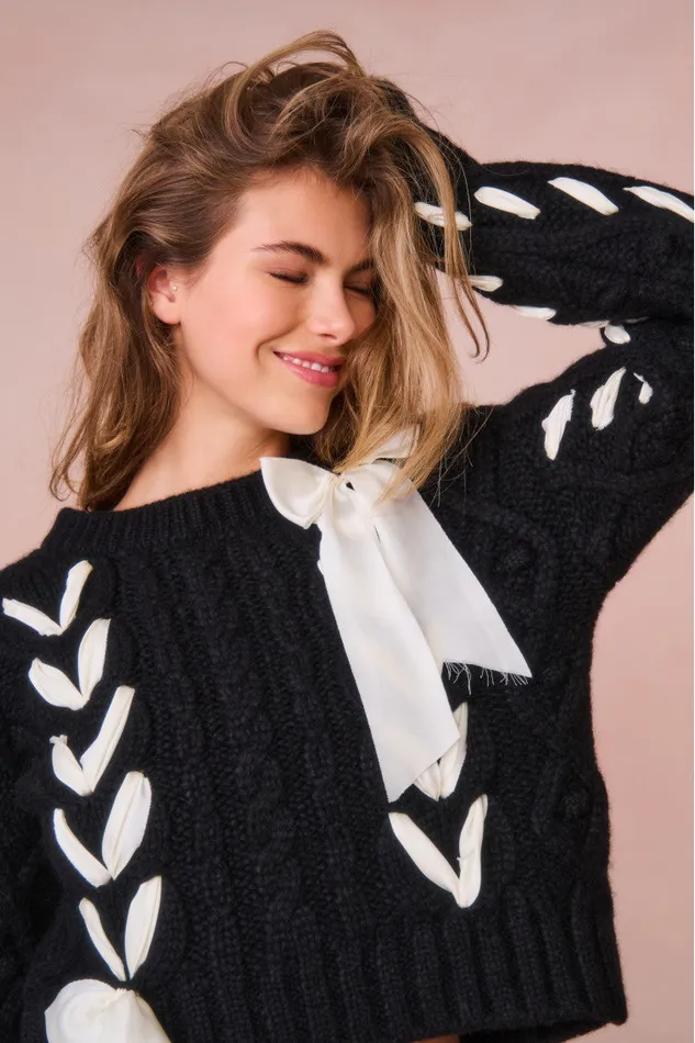 Sweaters Women LoveShackFancy Parson AlpacaBlend Ribbon Pullover Midnight Noel