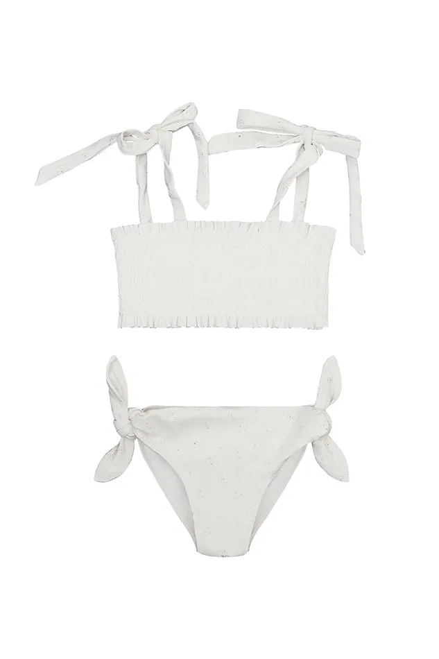 Swim WomenKids LoveShackFancy Girls Zarina Smocked Bikini Swim Set Dover White