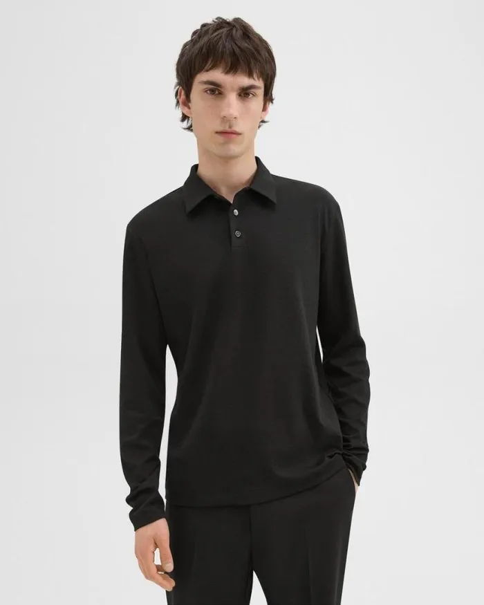 TShirts Polos Men Theory LongSleeve Polo Shirt In Cotton Jersey Black
