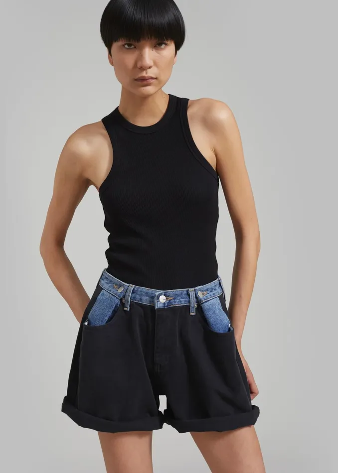 The Frankie Shop Bottoms Hayla Contrast Denim Shorts 8211 BlackBlue 8211 Women