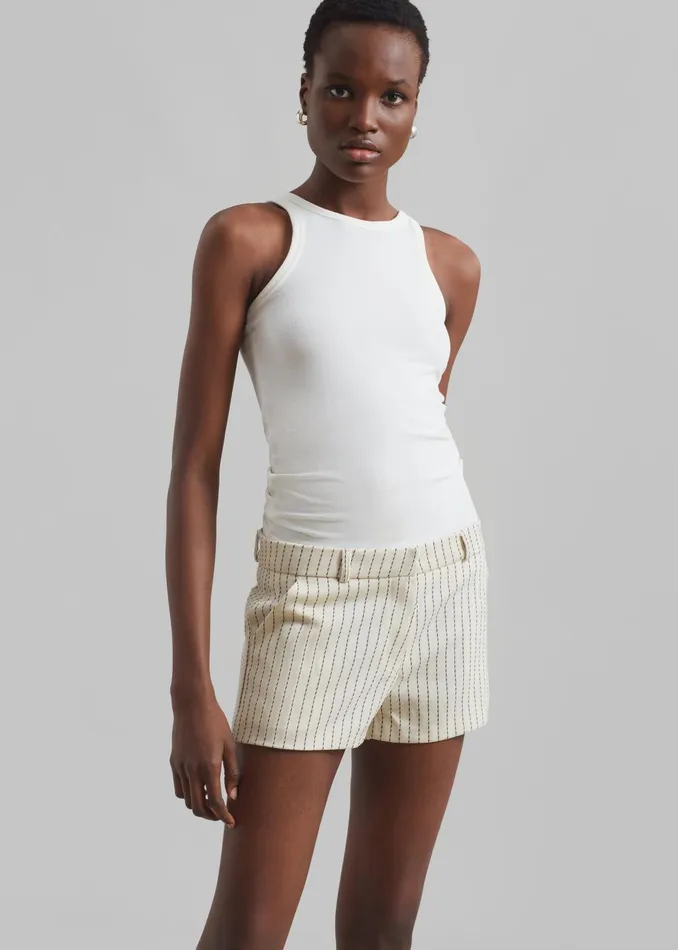 The Frankie Shop Bottoms Kate Twill Mini Shorts 8211 Light BeigeBlack Pinstripe 8211 Women