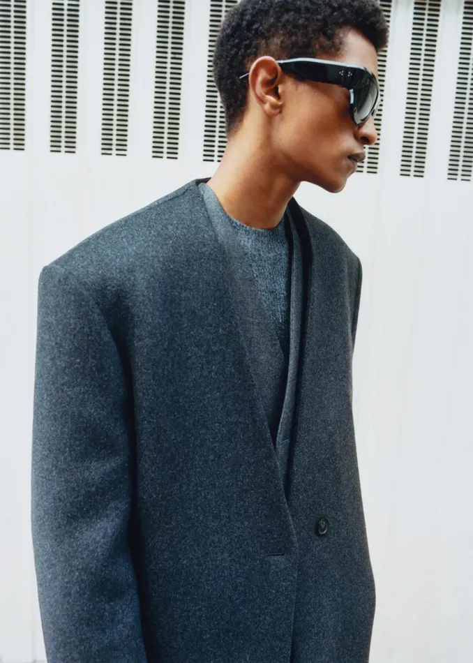 The Frankie Shop Outerwear Alistar Collarless Wool Coat 8211 Dark Grey Melange 8211 Men