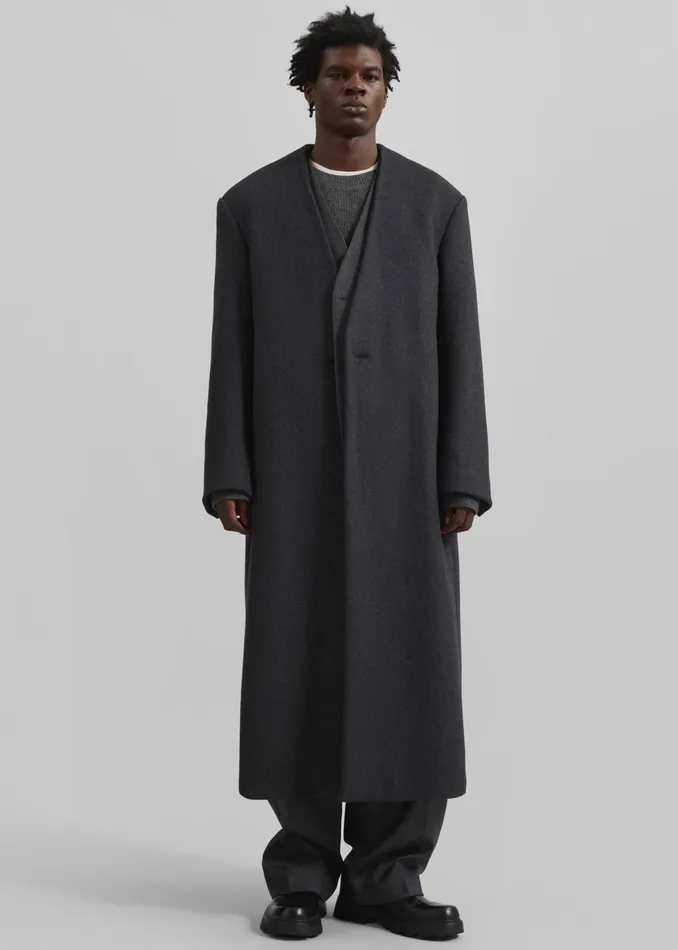 The Frankie Shop Outerwear Alistar Collarless Wool Coat 8211 Dark Grey Melange 8211 Men