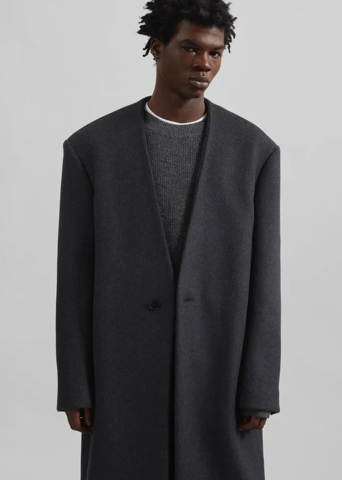 The Frankie Shop Outerwear Alistar Collarless Wool Coat 8211 Dark Grey Melange 8211 Men