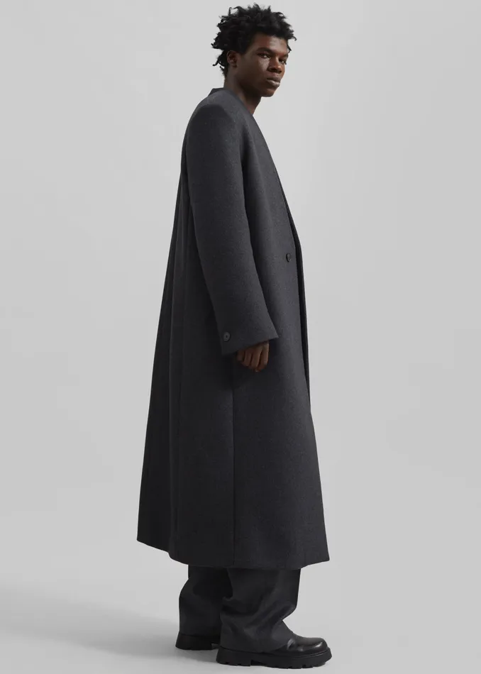 The Frankie Shop Outerwear Alistar Collarless Wool Coat 8211 Dark Grey Melange 8211 Men