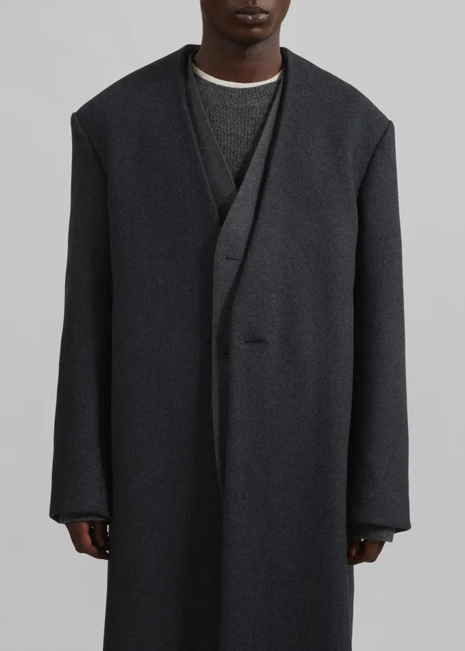 The Frankie Shop Outerwear Alistar Collarless Wool Coat 8211 Dark Grey Melange 8211 Men