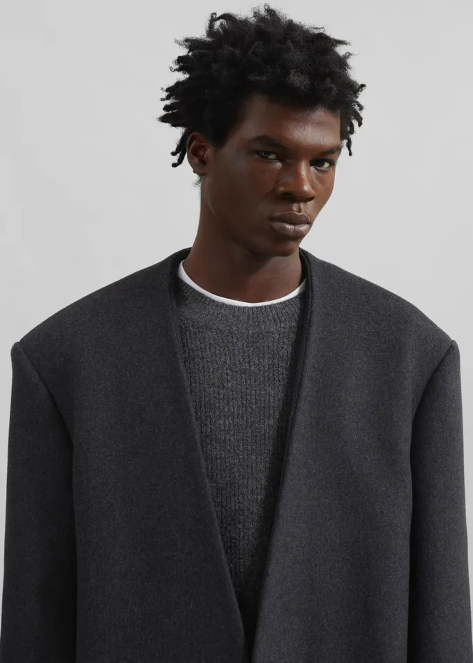 The Frankie Shop Outerwear Alistar Collarless Wool Coat 8211 Dark Grey Melange 8211 Men