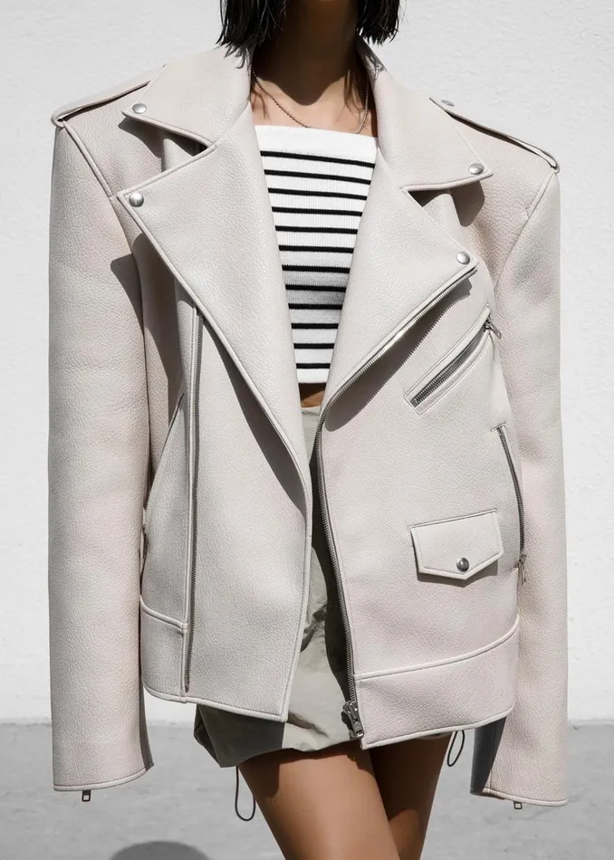 The Frankie Shop Outerwear Chicago Oversized Biker Jacket 8211 Cream 8211 Women