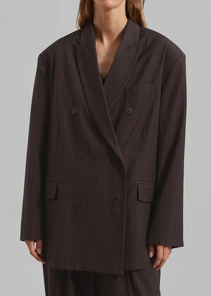 The Frankie Shop Outerwear Ivey Double Breasted Blazer 8211 BrownWhite Pinstripe 8211 Women