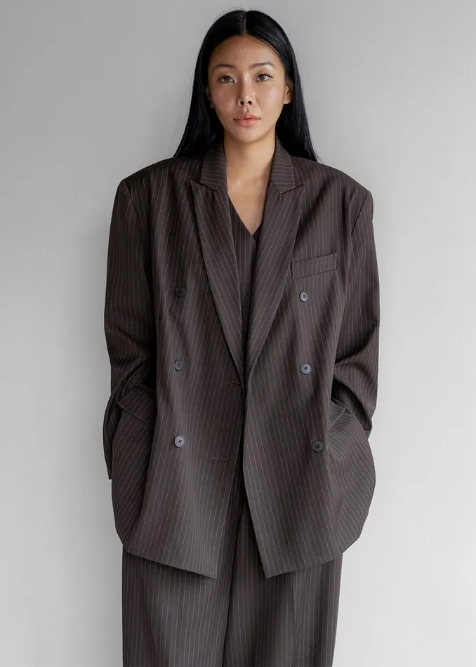 The Frankie Shop Outerwear Ivey Double Breasted Blazer 8211 BrownWhite Pinstripe 8211 Women