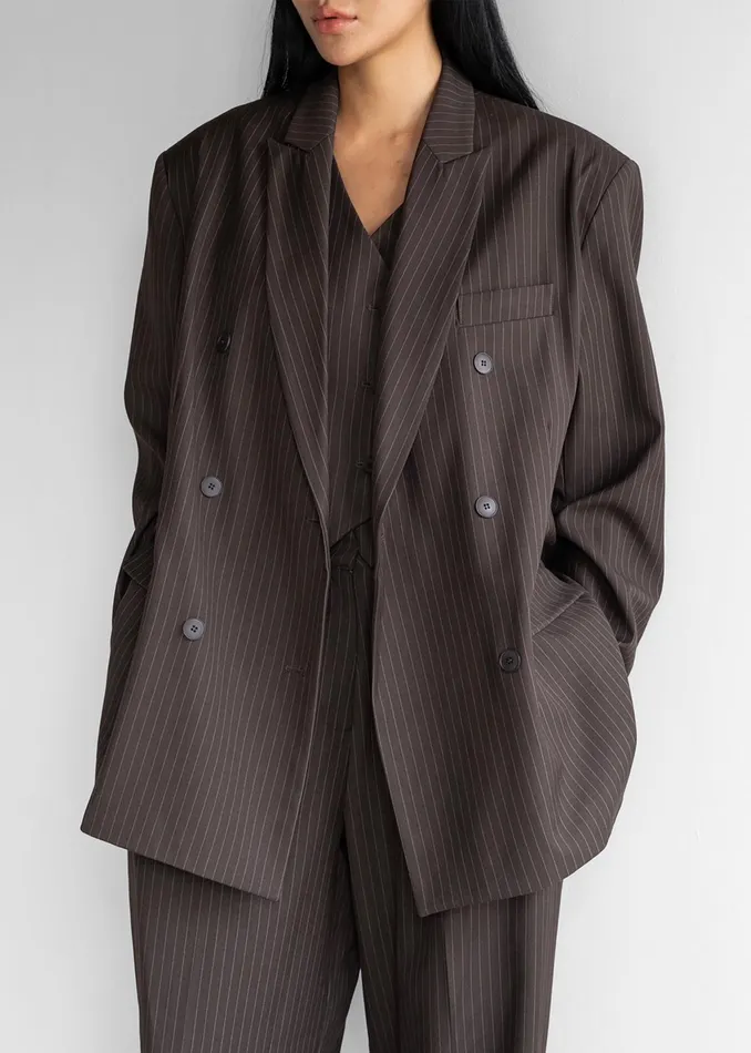 The Frankie Shop Outerwear Ivey Double Breasted Blazer 8211 BrownWhite Pinstripe 8211 Women