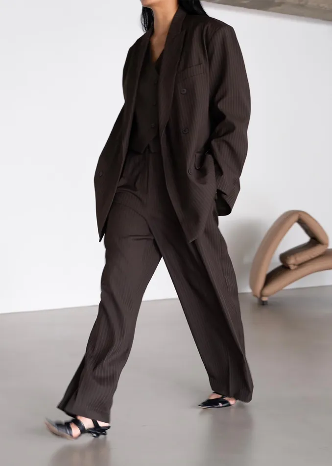 The Frankie Shop Outerwear Ivey Double Breasted Blazer 8211 BrownWhite Pinstripe 8211 Women