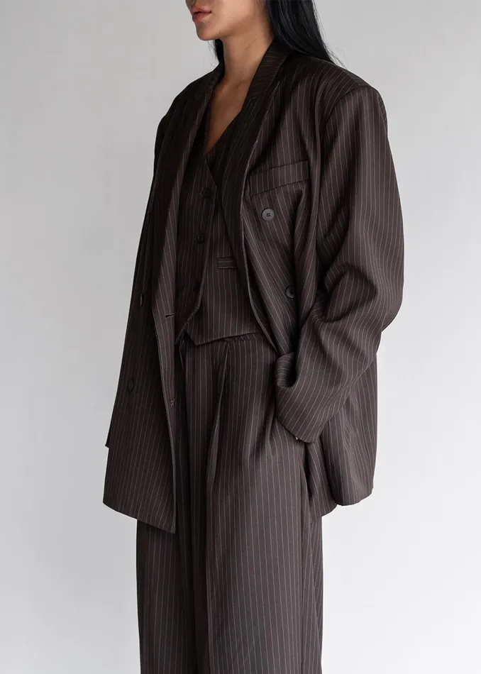 The Frankie Shop Outerwear Ivey Double Breasted Blazer 8211 BrownWhite Pinstripe 8211 Women