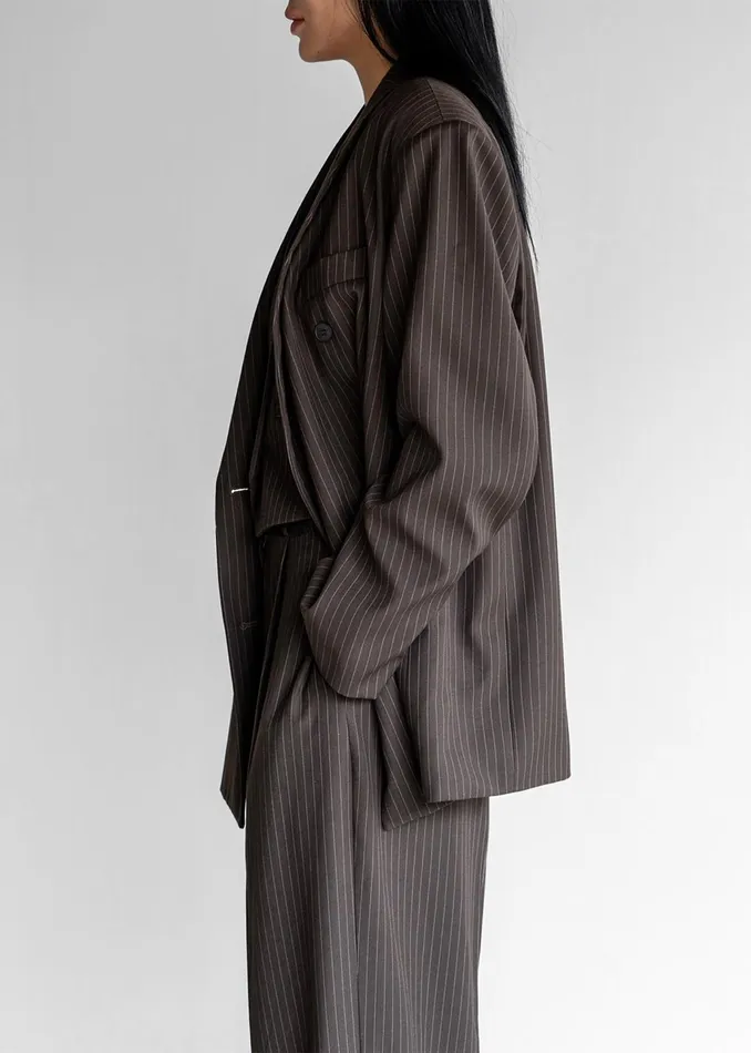 The Frankie Shop Outerwear Ivey Double Breasted Blazer 8211 BrownWhite Pinstripe 8211 Women